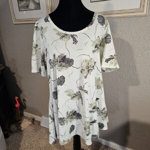 LuLaRoe Womens Medium Tropical Monstera Leaf Print‎ Short Sleeve Tunic Top Cream